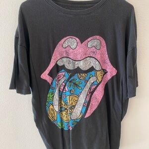 The Rolling Stones Black Tee with Pink and Blue Tongue Graphic